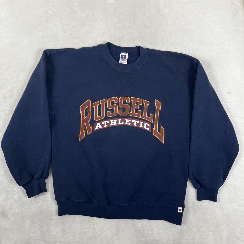 Vintage Russell Athletic Sweatshirt Mens L Blue Fleece Crewneck Spell Out USA